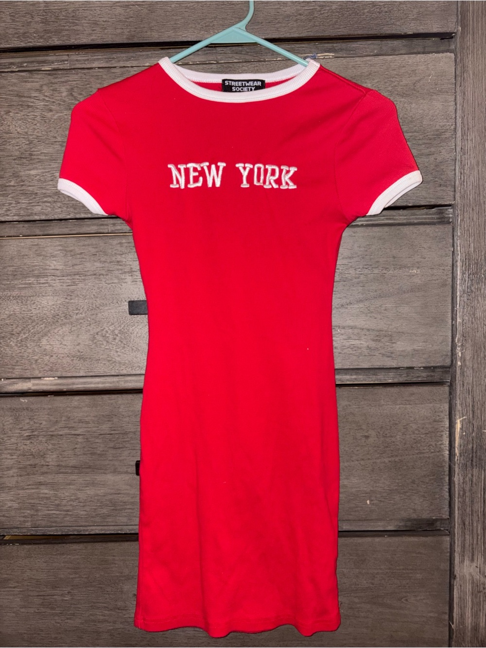 Society Red Mini Dress with White Trim and NEW YORK Embroidery